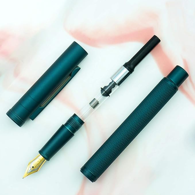 Asvine Dark Green Fude Pen, Bent Nib Fountain Pen Calligraphy (Fine to Broad) with Converter and Metal Pen Case Set