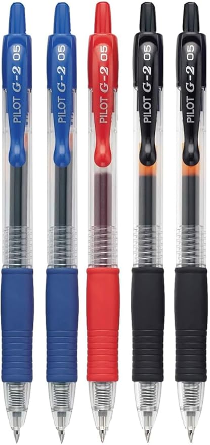 G2 Retractable Premium Gel Ink Roller Ball Pens Extra Fine Point (.5mm) Black/Blue/Red Ink 5 pack; Refillable & Premium Comfort Grip Bundle with Plastic Reusable Pouch