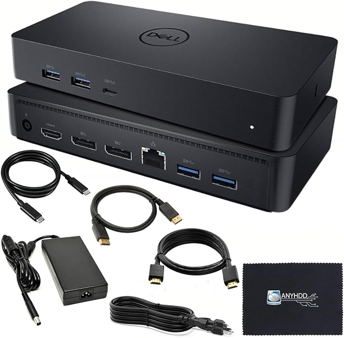 Dell D6000S Universal Dock Bundle with 130W Power Adapter – USB-C, Dual DisplayPort with 4K HDMI Cable + 4K DisplayPort Cable + USB-C Cable + Microfiber Cloth - Supports 4K Display (Renewed)