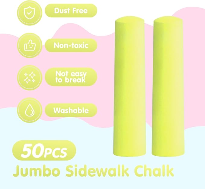 50 Pack Washable Sidewalk Chalks for Kids Non-Toxic Jumbo Chalk for Outdoor Art Play, Colored Chalk for Painting on Chalkboard, Blackboard and Playground