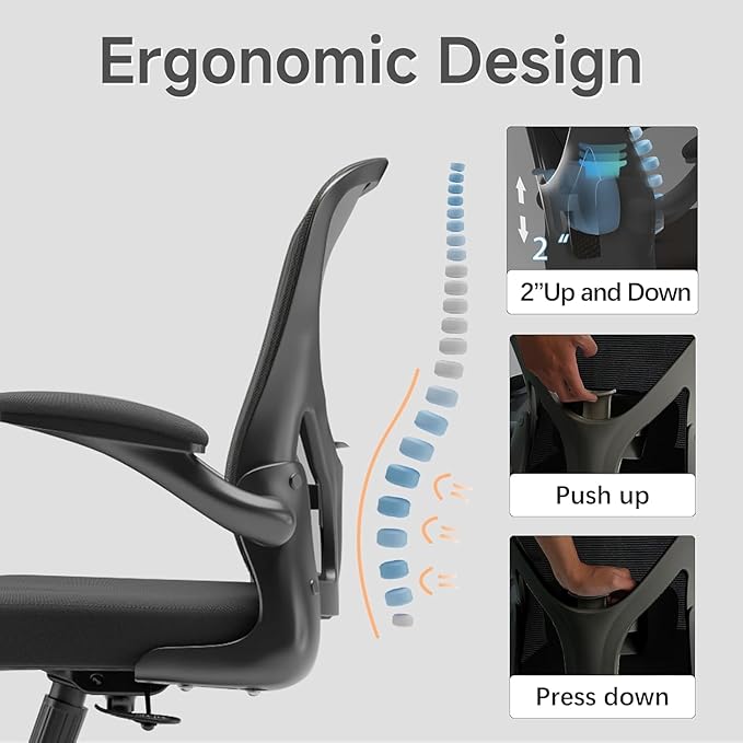 Ergonomic Office Chair with Adjustable Lumbar Support & Flip-Up Armrests - High Back Computer Desk Chair with Thickened Seat Cushion, Rolling Wheels for Home/Office Study Work (05black)