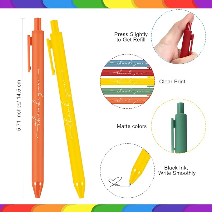 30pcs Thank You Pens Bulk Cute Multicolor Ballpoint Pen for Men Women Server Accessories Employee Holiday Appreciation Gifts for Teacher Office Back to School Party Favor (Rainbow)