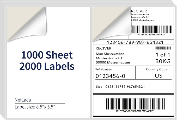 8.5" x 5.5" Half Page Self Adhesive Shipping Label, Compatible Laser & Inkjet Printers, White, 2 Labels Per Sheet(1000 Sheet Total 2000 Labels)