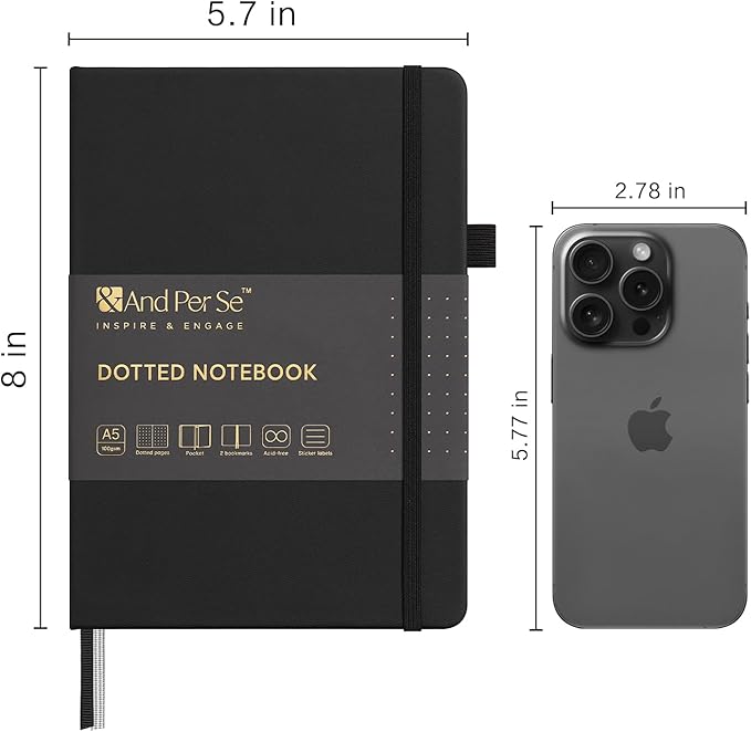 &And Per Se Dotted Journal Notebook (5 Packs), A5 Hardcover Leather Dotted Journal, 160 Pages 100 gsm Thick Paper, 3 Sheets of Stickers Included- 5.7'' x 8'' (Black