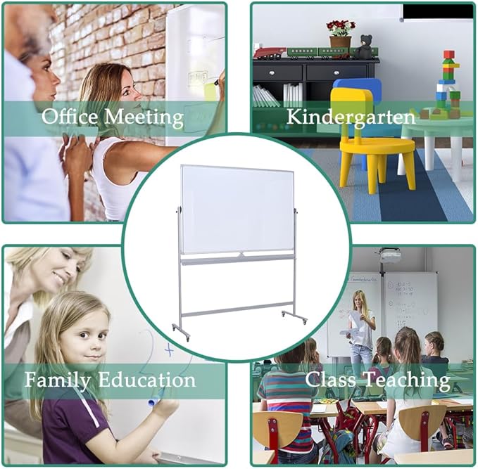 72" x 40" Height-Adjustable Mobile Whiteboard | Double-Sided Magnetic Dry Erase Board on 360° Rolling Stand | Large Reversible Whiteboard for Office, Classroom & Home, Silver