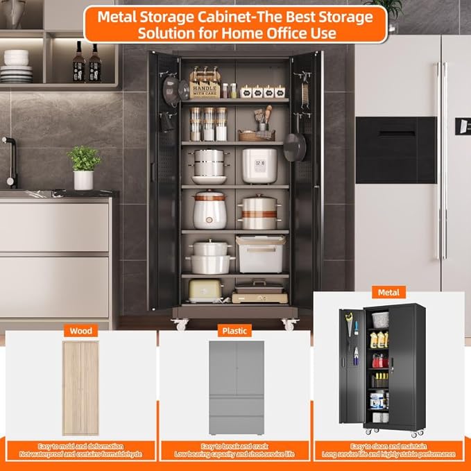 Aobabo Upgraded 71''H Metal Garage Storage Cabinet with Wheels and Door Pegboard,Steel Cabinets with 2 Doors and 5 Adjustable Shelves for Home Office,Required Assembly,Black