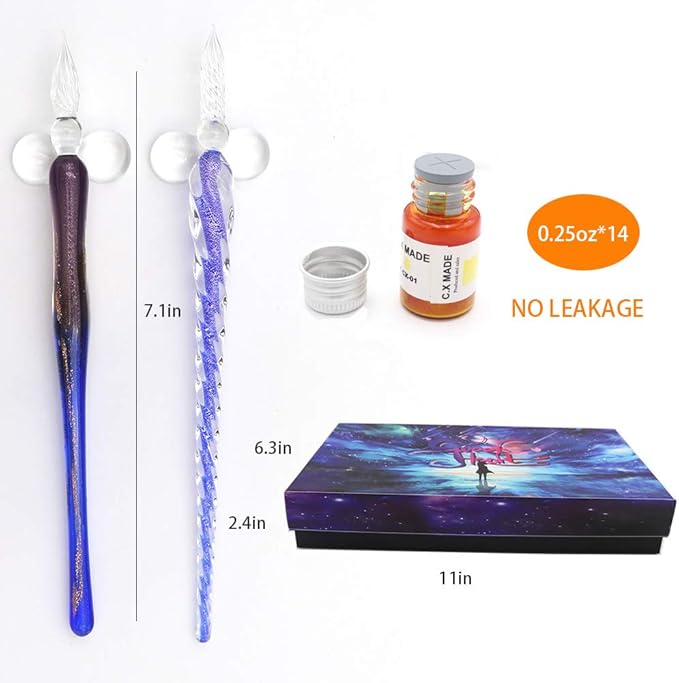 AXEARTE Glass Dip Calligraphy Pen Set, 18-Pieces 14 Color Inks, Pen Holder, Cleaning Cup, 2 Crystal Glass Pens for Art, Writing, Drawing, Signatures, Gift for Kids and Artist