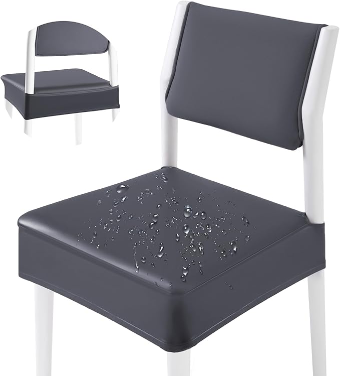 CWK Waterproof PU Leather Dining Chair Covers Set of 6 - Stretchable Chair Seat Slipcovers, Removable & Washable Protector for Dining Room,Home,Office,Wedding,Rear Covers (PU-Grey)