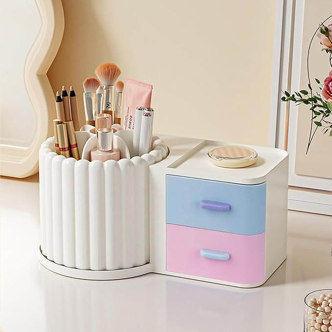Anyoifax 360 Rotating Makeup Brush Holder 7 Slots Makeup Organizer with Drawer Removable Spinning Cosmetic Storage Pen Holder for Vanity, Dresser, Desk, Colorful