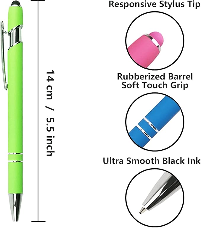 Ballpoint Pen with Stylus Tip, Soft Touch Click Metal Pen, 1.0mm Medium Point, Black Ink, 12 Count(Light Green)