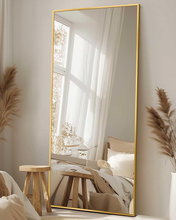 Antok Full Length Mirror, 58"x21" Floor Mirror, Floor Standing Freestanding Full Body Mirror with Stand for Bedroom, Hanging Mounted for Living Room Cloakroom, Gold