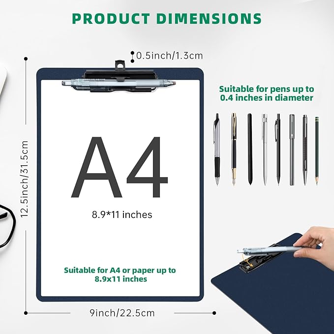 Blue Clipboard with Pen Holder, Set of 6 Plastic Clipboard with Low Profile Metal Clip, Hanging Clip Boards Holds 8.5x11 Inch Papers, Standard A4 Letter Size Clip Boards for Offices & School