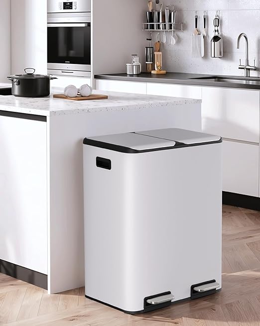 Arlopu 16Gal Dual Trash Can w/2 Built-in Box for Odor Control, Hands-Free Kitchen Garbage Bin, Recycle Waste Dustbin, Soft-Close Lid, 2 Buckets,Foot Pedal, Side Handle, Airtight,for Home Office