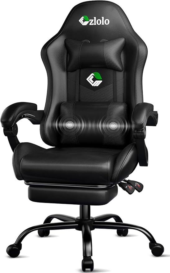 Gaming Chair, Ergonomic Office Computer Chair with Footrest and Lumbar Support Massager Racing Style High Back Video Gamer Chair, Wide＆Thick Cushion, 90°-135° Recline, Adjustable Height, Black