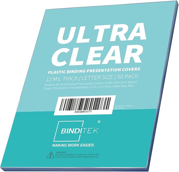 Binditek 50 Pack 12 Mil Ultra Clear Binding Covers, Polythylene Terephthalate, 8.5 x 11 Inches, Letter Size, Square Corners, Un-Punched, for Students and Coworkers