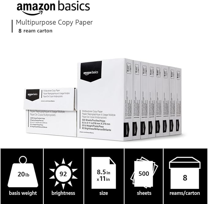 Amazon Basics Multipurpose Copy Printer Paper, 20 lb, 8.5 x 11 Inches, 8 Reams (4,000 Sheets), 92 Bright, White