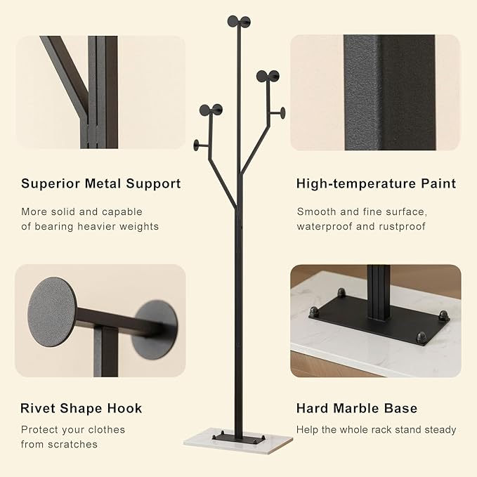Heavy Duty Coat Rack Tree-shaped Metal Freestanding Coat Tree with Sturdy Marble Base Corner Coat Rack for Bedroom Entryway Hallway 14.96 x 10.24 x 68.9 Inches (Black)