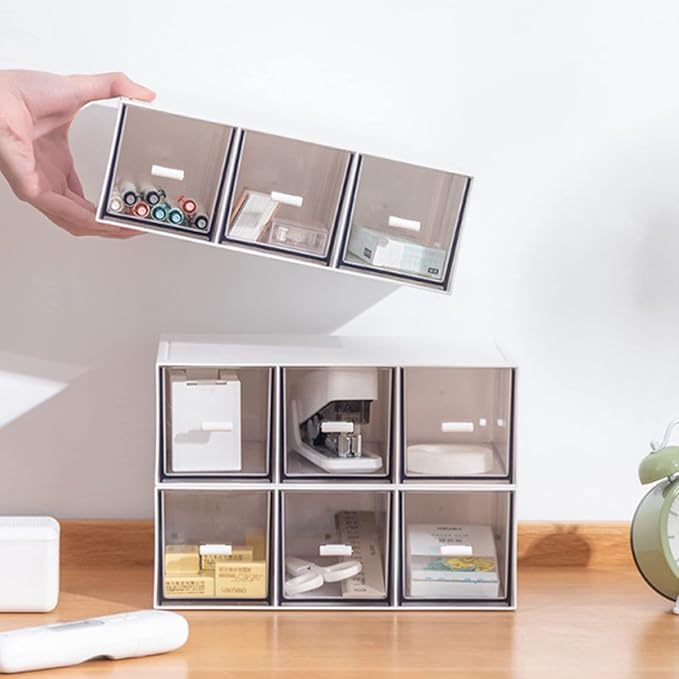 Desk Drawer Organizer, Stackable Storage Drawers, Plastic Compact Desk Storage Box Great for Office School Home Small Space - Large 3 Drawers (White)