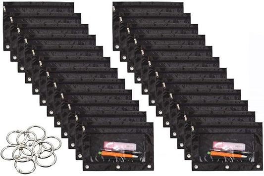 24 Packs 3 Ring Binder Pen Pencil Case Pouch Bulk Set Stationery Bag for School Class Office Black