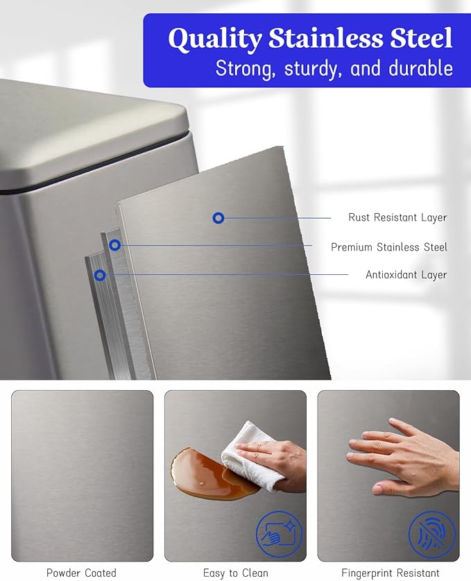 Bathroom Trash Can with Lid, 16.7L/ 4.4 Gallon Trash Can with Removable Inner Bucket, Soft Close lid, Stainless Steel Step Pedal Garbage Can for Bathroom, Kitchen, Home Office, Grey