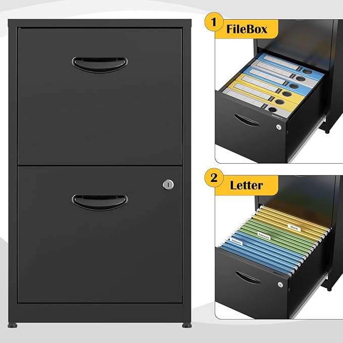 2 Drawer File Cabinets,Metal Office File Cabinet with Lock,Black Filing Cabinets for Home Office,Vertical Modern File Cabinet Office Two Drawers for Hanging Letter,Assembly Required