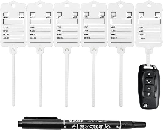 200 Car Key Tags with Labels Plastic Car Dealership Key Tags Self Locking Automotive Identifiers Blank Shop Labels with One Pen (White)
