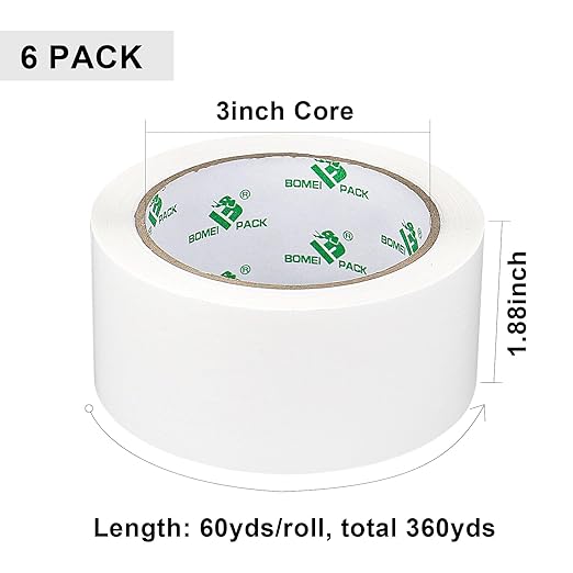BOMEI PACK White Packing Tape with Dispenser, 2.4 Mil 1.88 Inch x 60 Yards, 6 Refills Rolls White Tape for Box Moving, Shipping and Packaging