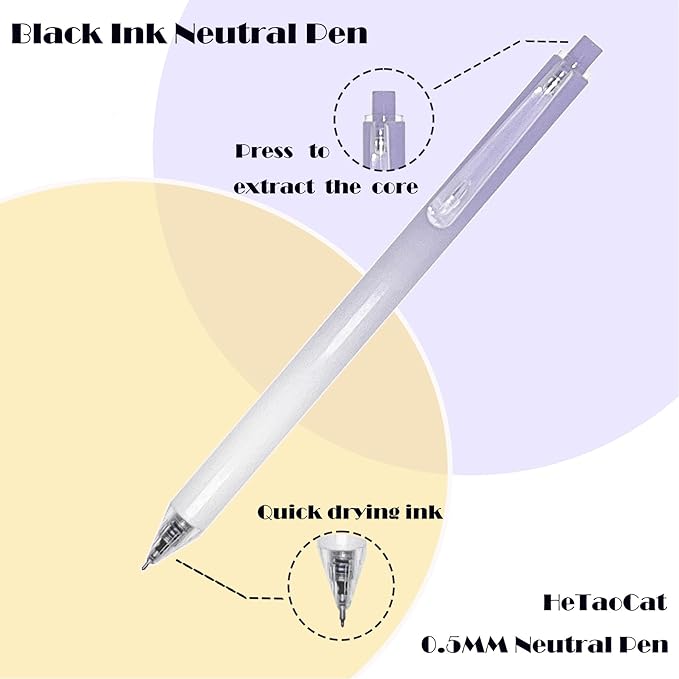 HeTaoCat Retractable Gel Pens, 0.5mm Fine Point, Quick Drying, Writing Drawing, Black ink gel pens, Box of 6 Pens (Black)