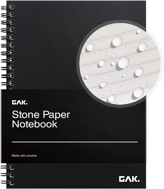 GAK. Stone Paper Waterproof Sheet Spiral Notebook (M Size) – 5.8”x8.3”, 50 sheets, Stone Paper Notebook Journal Note Taking Waterproof Notepad College Ruled Paper Black Notebook Aesthetic School