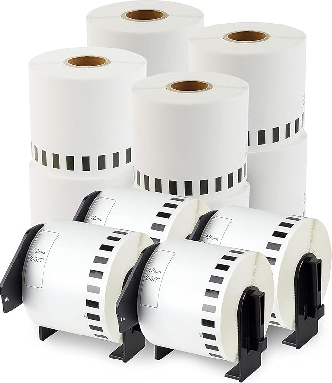 enKo - Compatible DK-2205 Continuous Blank White Paper Labels (2.4 Inch x 100 Feet) Use with Brother QL Label Printers QL-800, QL-820NWB QL 810W - [12 Rolls + 4 Refillable Cartridge Frames]