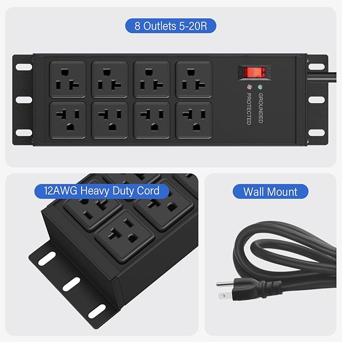 CCCEI Black Heavy Duty Power Strip Surge Protector 20 AMP, 8 Outlets 12 Gauge Industrial Shop Garage Metal Multiple Outlets, 12 FT Extension Cord 5-15P Adapter High Amp 6-20R T-Slot 20a for Appliance