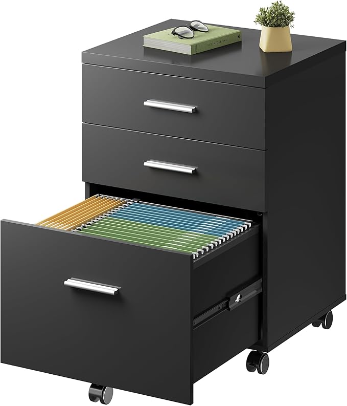 DEVAISE 3 Drawer File Cabinet for Home Office, Wood Under Desk Filing Cabinet, Rolling Printer Stand with Wheels, Black