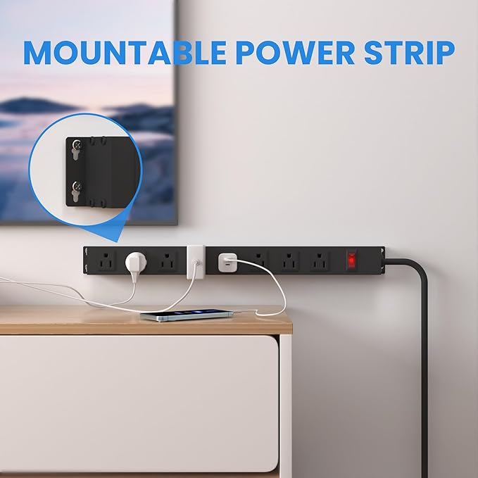 8 Outlets Heavy Duty Power Strip with 8 Ft UL 14AWG Power Cord Straight Plug and Switch,Wide Spaced Shop Power Strip Metal for Commercial,Industrial,School and Home,15A 125V 1875W,Black(8FT)