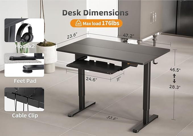 Claiks Standing Desk with Keyboard Tray, Standing Desk Adjustable Height, Raising Desks for Home Office and Computer Workstation, 48 Inches, Black
