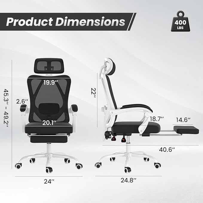 Farini Ergonomic Office Chair with Footrest, Mesh Office Desk Chair with Headrest, High Back Computer Chair with Adjustable Lumbar Support for Home Office Study Room Bedroom, White & Black
