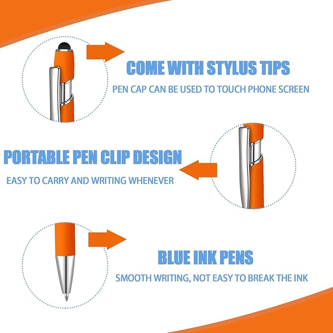 24 Pcs Blue Ink Ballpoint Pen with Stylus Tip 2 in 1 Ballpoint Pen 1.0 mm Blue Ink Metal Stylus Pen for Touch Screens Coworkers, Family, Colleagues, Office (Orange)