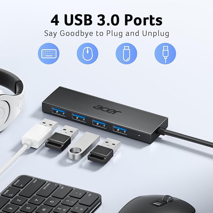 Acer USB Hub 4 Ports, Multiple USB 3.0 Hub, USBA Splitter for Laptop with Type C Power Port, Extender for A Port Laptop, PC, Desktop and More (4ft)