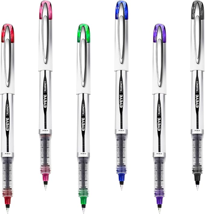EYEYE Liquid Ink Rollerball Pen 0.7mm, 6 Assorted Colors Medium Point Pen Quick Dry, Liquid Ink Pens Fine Point Smooth Writing Pens for Journaling, Note Taking, Office, School Supplies