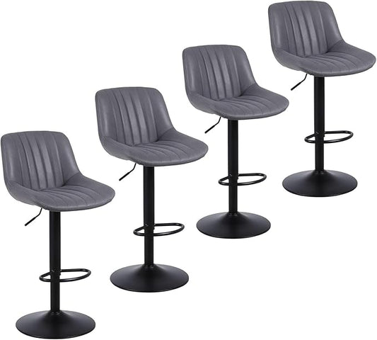 Bar Stools Set of 4, Swivel Counter Height Barstools with Back, Adjustable PU Leather Bar Chairs, Modern Armless Kitchen Island Stool, Dark Grey