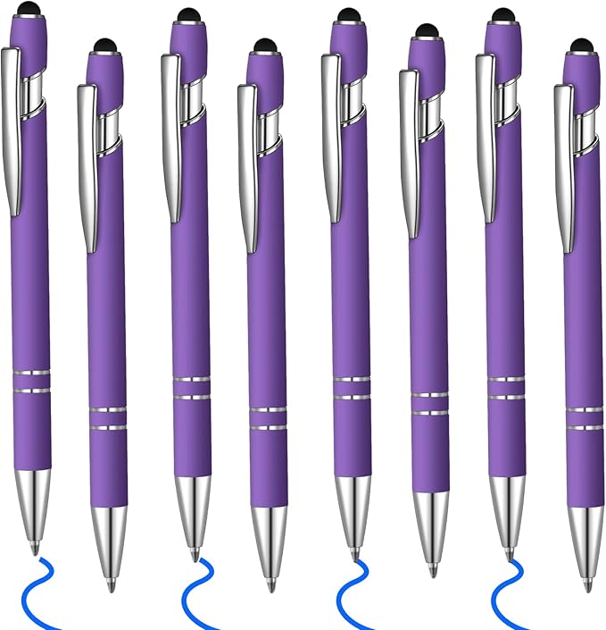 8 Pcs Blue Ink Ballpoint Pen with Stylus Tip 2 in 1 Stylus Ballpoint Pen Metal Pens Stylus Pen for Touch Screens School Office Coworkers (Purple)