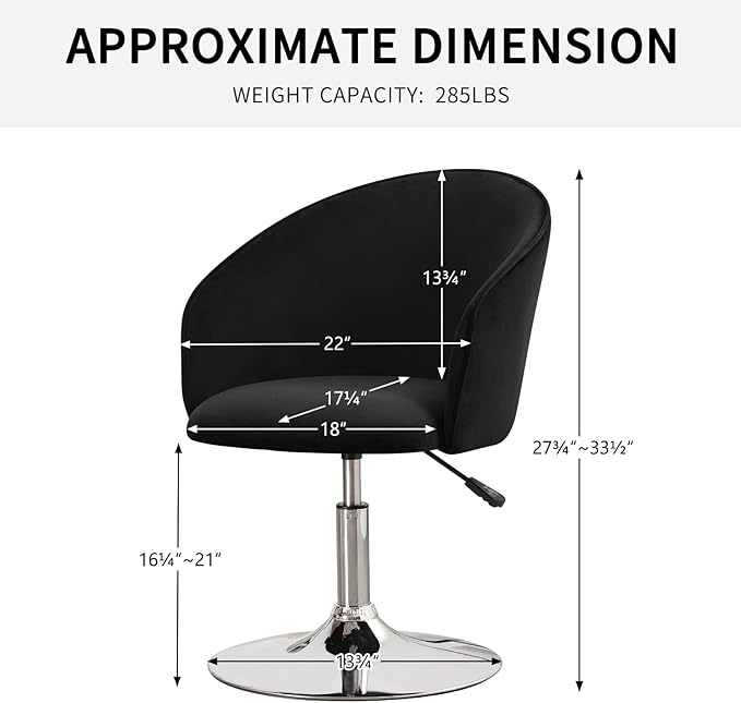 Furnimart Black Velvet Adjustable Height Vanity Chair, Swivel Makeup Chair for Living Room, Bedroom, Dressing Room