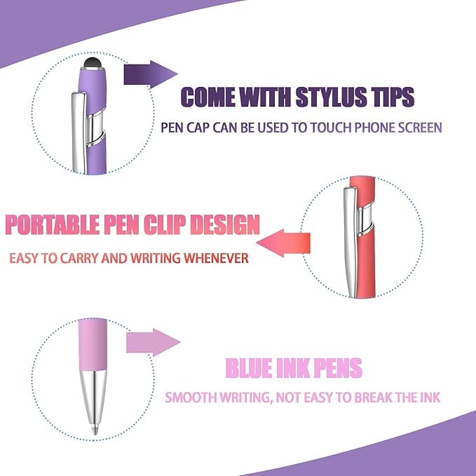 8 Pcs Blue Ink Ballpoint Pen with Stylus Tip 2 in 1 Stylus Ballpoint Pen Metal Pens Stylus Pen for Touch Screens School Office Coworkers (Multicolor Pink)