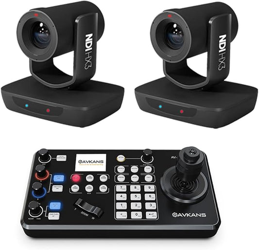 AVKANS 20X NDI PTZ Camera Kits - 2pcs 20X AI Auto Tracking NDI Camera with 1pcs IP Joystick Controller Package for Church Live Streaming Video Production（2X LV20N and 1x AV-Joy-IP）
