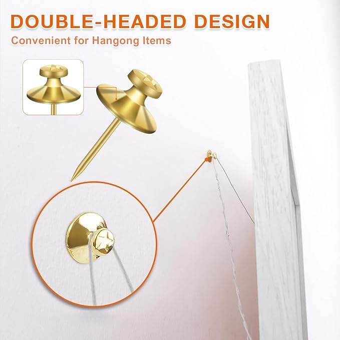 50 PCS Thumb Tacks for Wall Picture Hangers, Double Headed Picture Hanging Nails Kit, Push Pins Wall Hooks, Renter Friendly Decor Thumbtacks for Tapestry Frame Art Photos(Black &Gold)