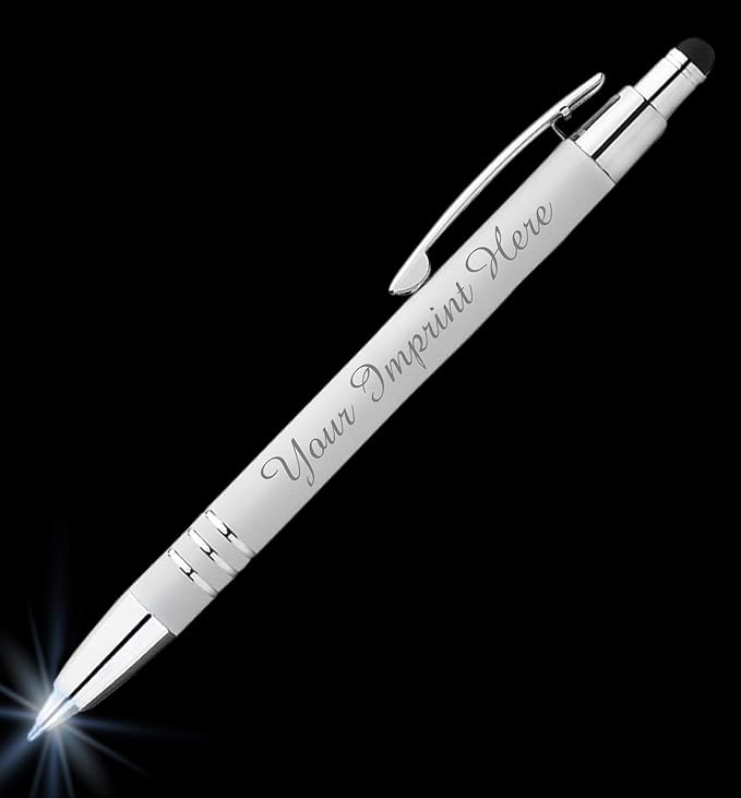 ExpressDesigns™ - Personalized Pens Gift Set - 2 Pack of | LED Flashlight Soft Touch Metal Pens w/gift box | Luxury Ballpoint Pen Custom Engraved with Name or Message | Light Up Pens (White)