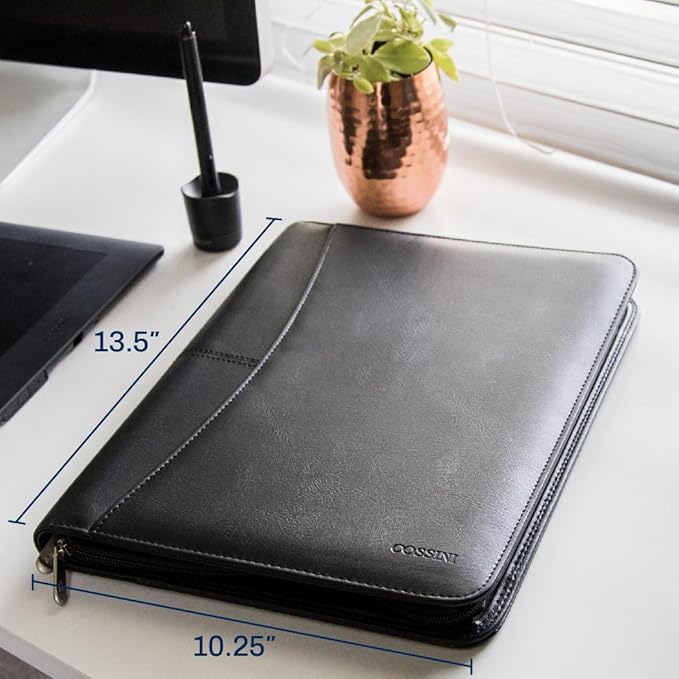 Cossini Black Superior Vegan Leather Business Portfolio with Zipper – Padfolio All-in-One. Smartest Protective 10.1 Inch Tablet Sleeve, Presentation Slot, Solar Calculator, Card Storage, Writing Pad