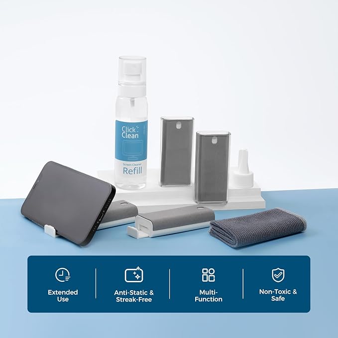 Click Clean Screen Cleaner Kits - 4 All-in-One Mist Cleaner with 4 oz Refill, 1 Microfiber Cloth(7.8 x 7.8in), 1 Mini Funnel, and 1 Sprayer - for All Phones, Laptop and Tablet Screens