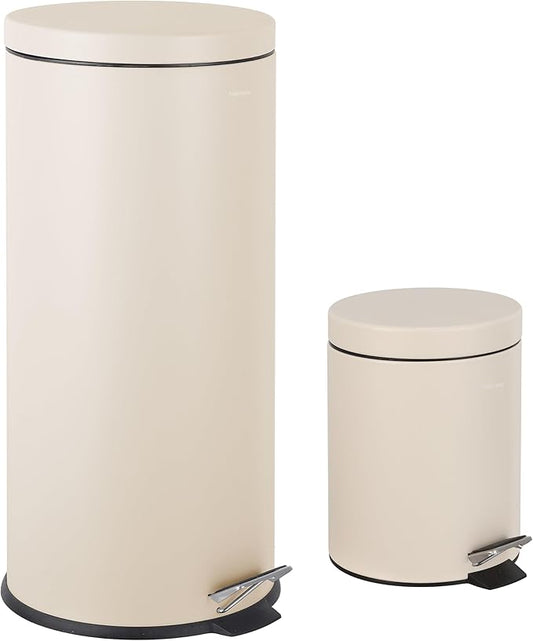 happimess HPM1000E Oscar 8-Gallon Step-Open Trash Can with Free Mini Trash Can, Modern, Fingerprint Proof for Home, Kitchen, Office, Large:7.9 Gallon Small:1.3 Gallon, Limestone Beige
