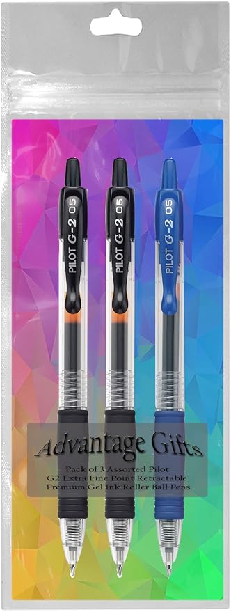 G2 Retractable Premium Gel Ink Roller Ball Pens Extra Fine Point (.5mm) Black/Blue Ink 3 pack; Refillable & Premium Comfort Grip Bundle with Plastic Reusable Pouch
