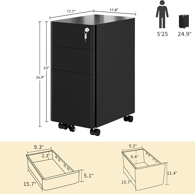 DWVO 3-Drawer Vertical File Cabinet, Mobile Filing Cabinet with Lockable, Pre-Assembled Compact Slim File Cabinet, Portable Office Storage for A4/Letter/Legal Documents (Black)
